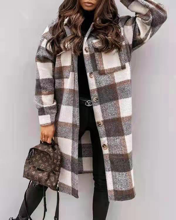 Manteau Long en Laine à Carreaux, Style Urbain