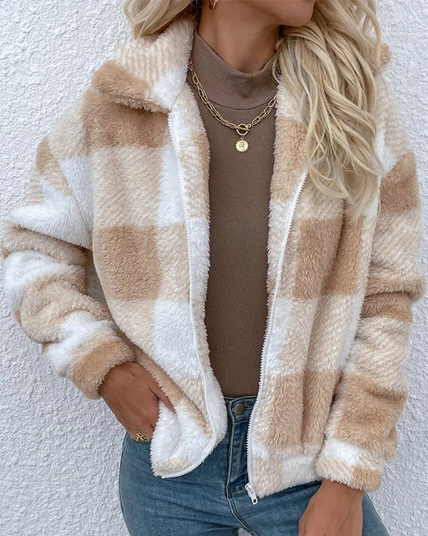 Manteau Polaire Doux à Carreaux Vichy, avec Zip